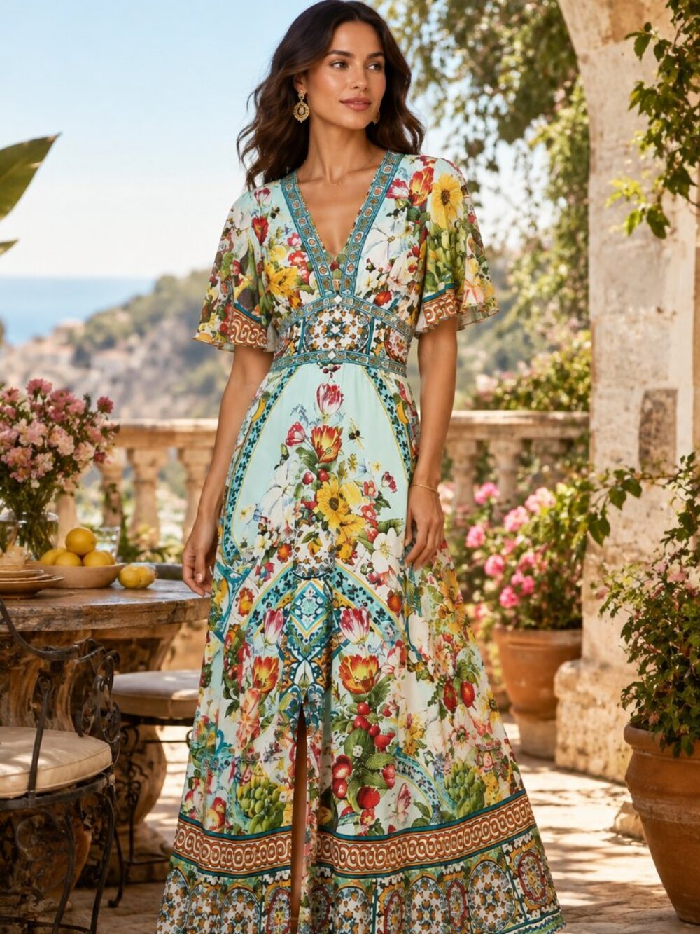 Magic Of The Mercado Print Silk Maxi Dress